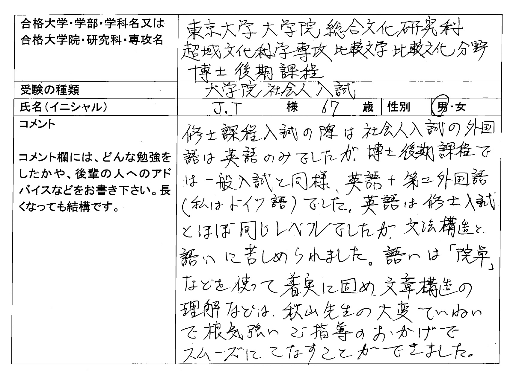 2021 東京大学大学院 総合文化研究科 博士後期課程 合格1｜大学院入試