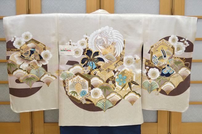 男の子 七五三 羽織 正絹 鷹 金箔 古典 アイボリー 【5歳用】 ngs