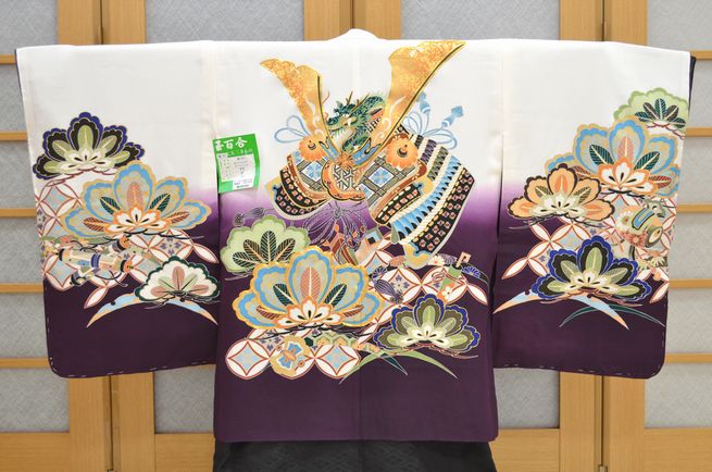 男の子 七五三 羽織 正絹 兜 金駒刺繍 白 紫 【5歳用】 ngs-haori-031