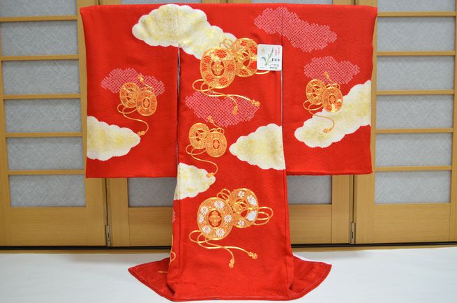 505ag8◎七五三 七歳 女児 着物&袋帯&長襦袢 金駒刺繍 籠花 牡丹菖蒲