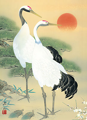 久米涼山作 慶祝画 松竹梅鶴亀