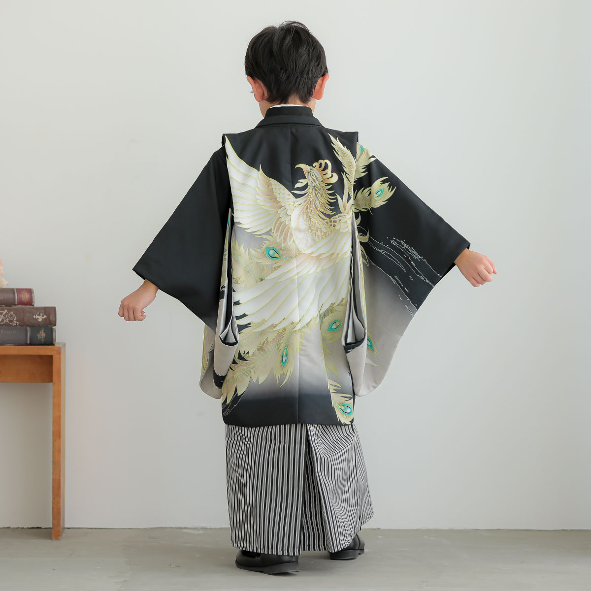 男児袴：BY152 【五歳】黒鳳凰×黒縞 七五三男児袴レンタルセット
