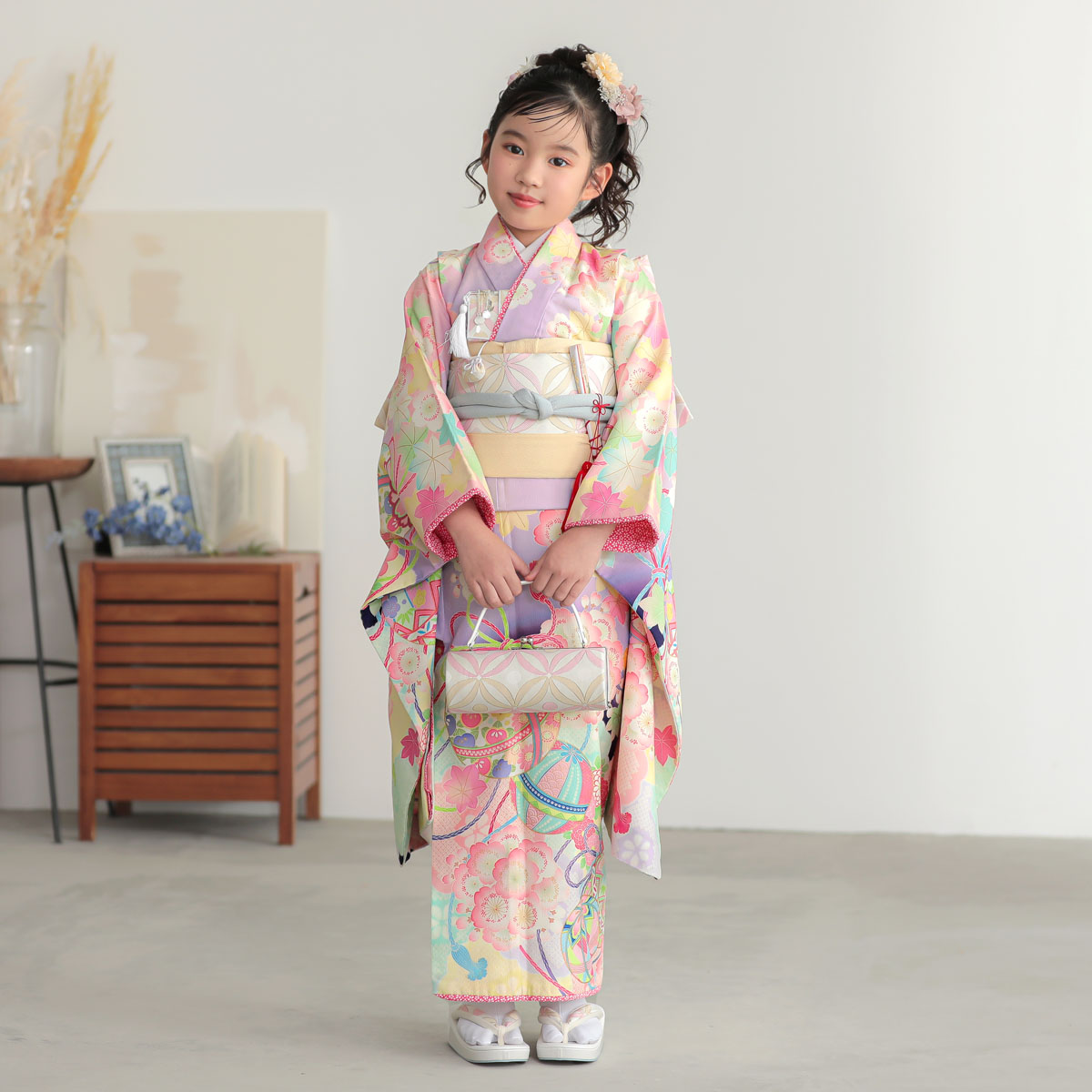 七五三七歳四つ身：N038 乙葉 紫 薬玉に桜楓菊 | 七五三着物レンタル