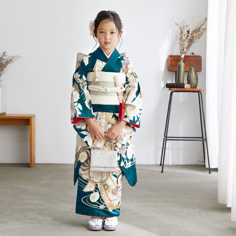七五三七歳四つ身：N101 ブルーグリーン 流水に熨斗束と花々 | 七五三