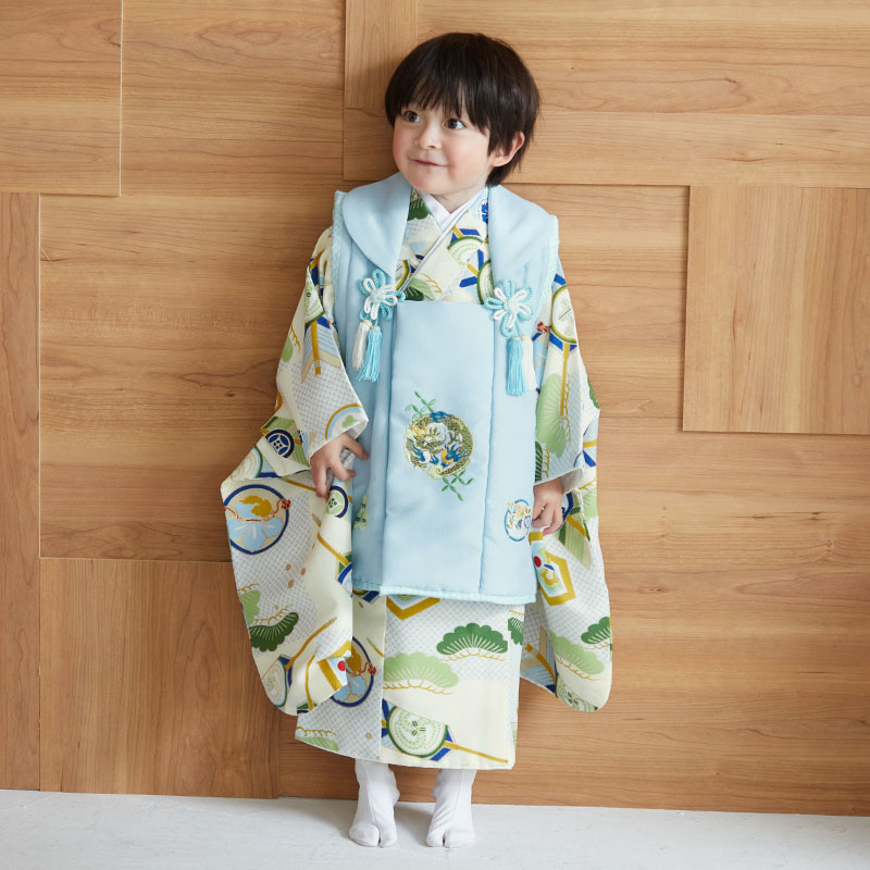七五三被布 : K098 【三歳男児被布】水色龍×鼠クリーム疋田松矢羽