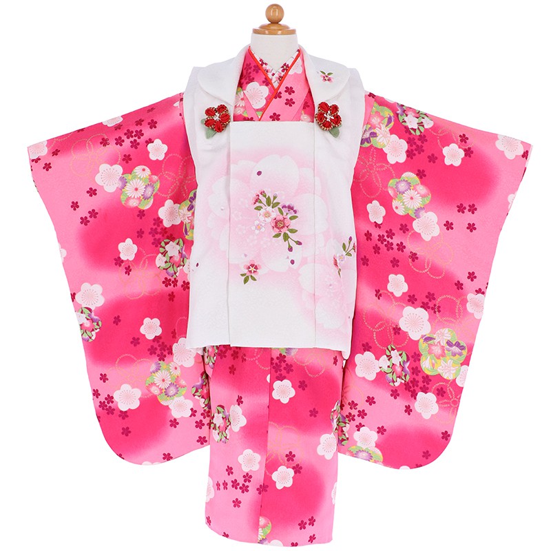七五三被布 : リョウコ キクチ K002 【三歳女児被布】白×ピンク 梅と菊