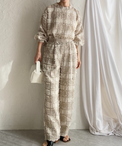 She's Closet セットアップ チェック柄フリンジジャガード長袖トップス