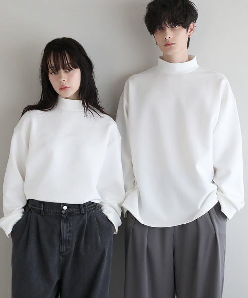 tシャツ モックネックドレープポンチ/フェイクスウェード長袖プル