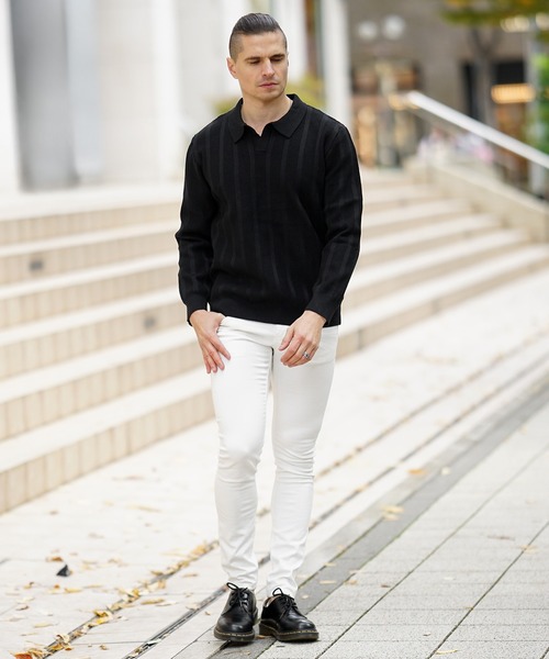 SOMEDIFF（サムディフ） ポロシャツ 長袖ストライプニットポロシャツ