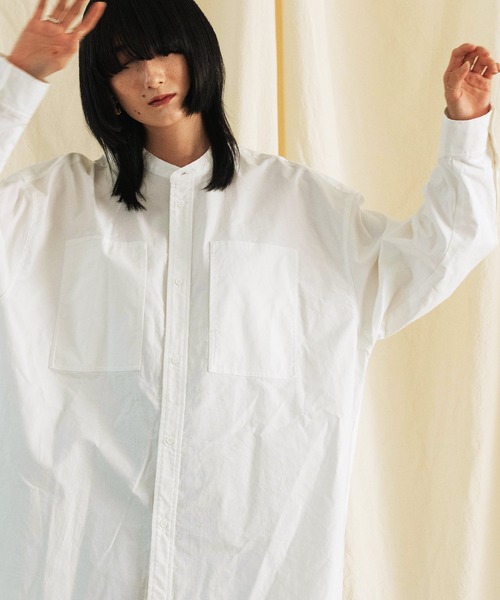 Aphlotus シャツ サイドスリット ダブルポケット スタンドカラー L/S