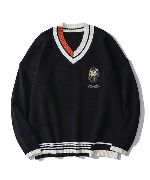 セーター ニット 「HOOK」クマ刺繍ワッペン vネック薄手ニット