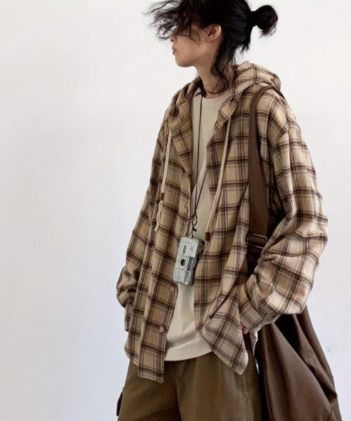 FreeZone パーカー チェック柄フード付きシャツ メンズ レディース