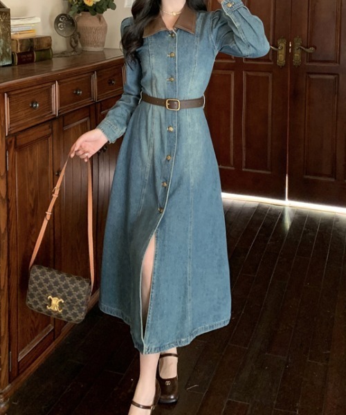 Diosfront ワンピース フェイクレザー襟Aラインデニムワンピース