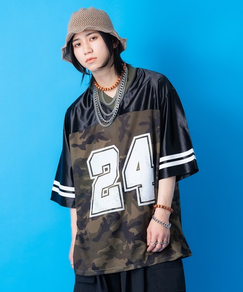 tシャツ a.p.o.v. ナンバリング迷彩柄メッシュツートーン切替
