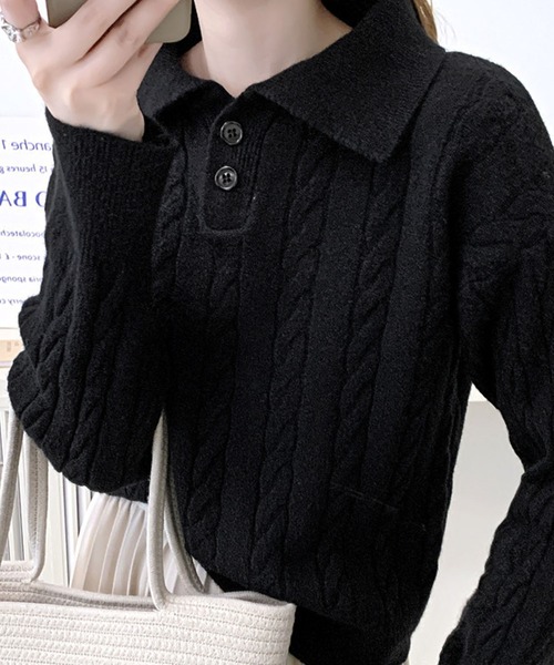 Dewlily ニット セーター ケーブル編みポロシャツ風ニット レディース