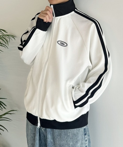 ブルゾン アウター サイドラインリブ配色ワッフルトラックジャケット