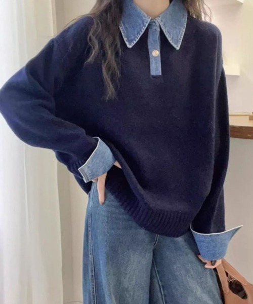 MONO8 ニット セーター デニム襟付きフェイクレイヤードニット / プル