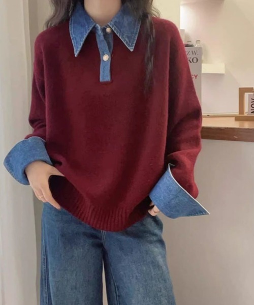 MONO8 ニット セーター デニム襟付きフェイクレイヤードニット / プル