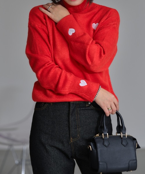 deux amour ニット セーター ハート刺繍タートルネックプルオーバー