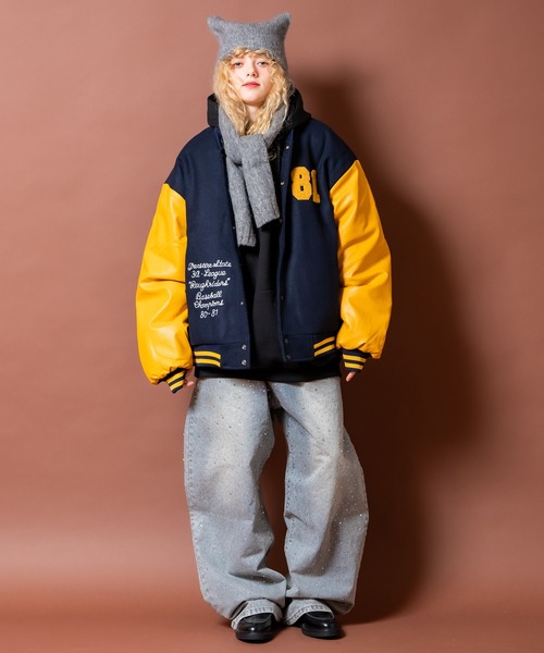 スタジャン a.p.o.v. チェーンステッチ刺繍サガラワッペンウール＆合成