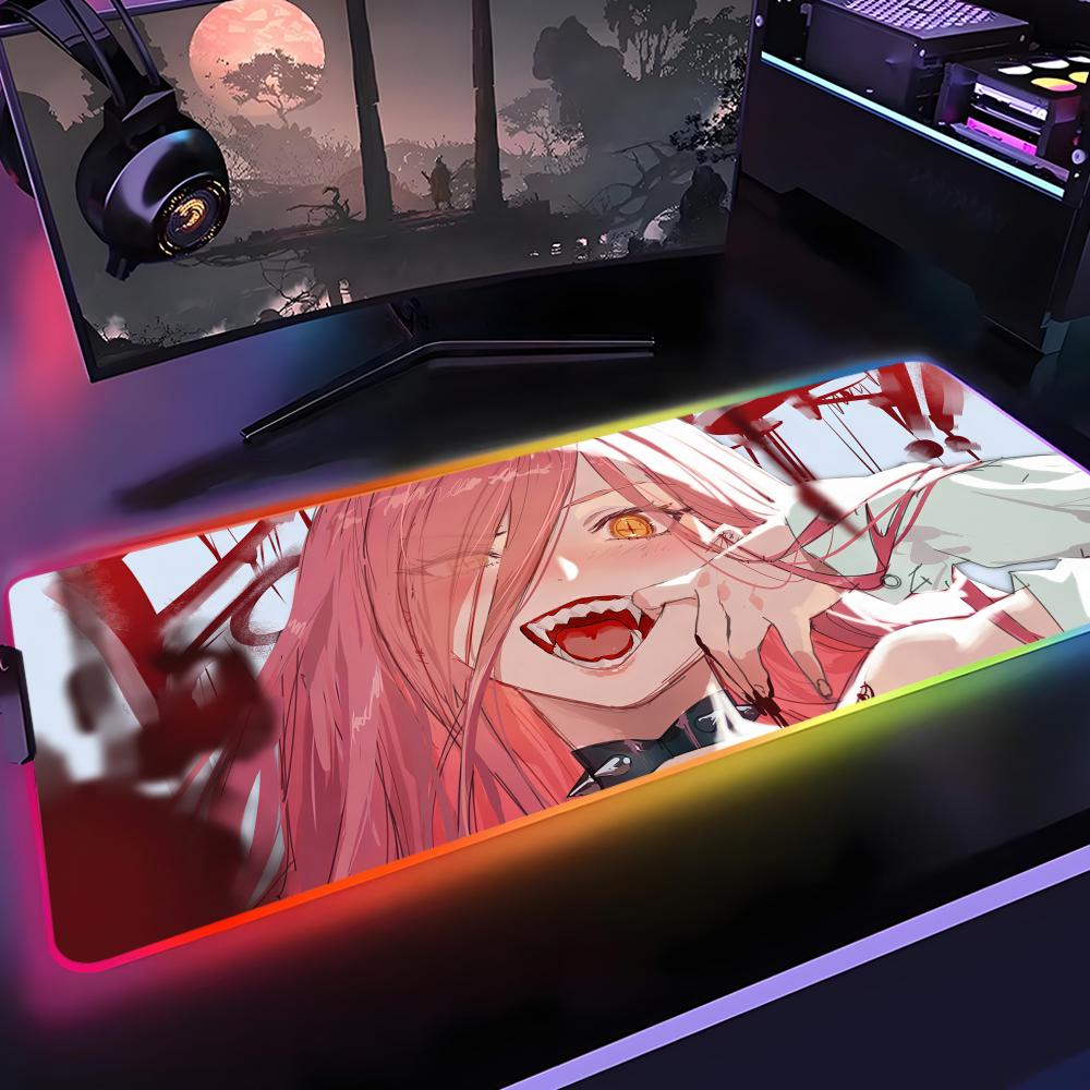 Chainsaw Man Power Mouse Pad Gamer Rgb Desk Mat Back Light Led