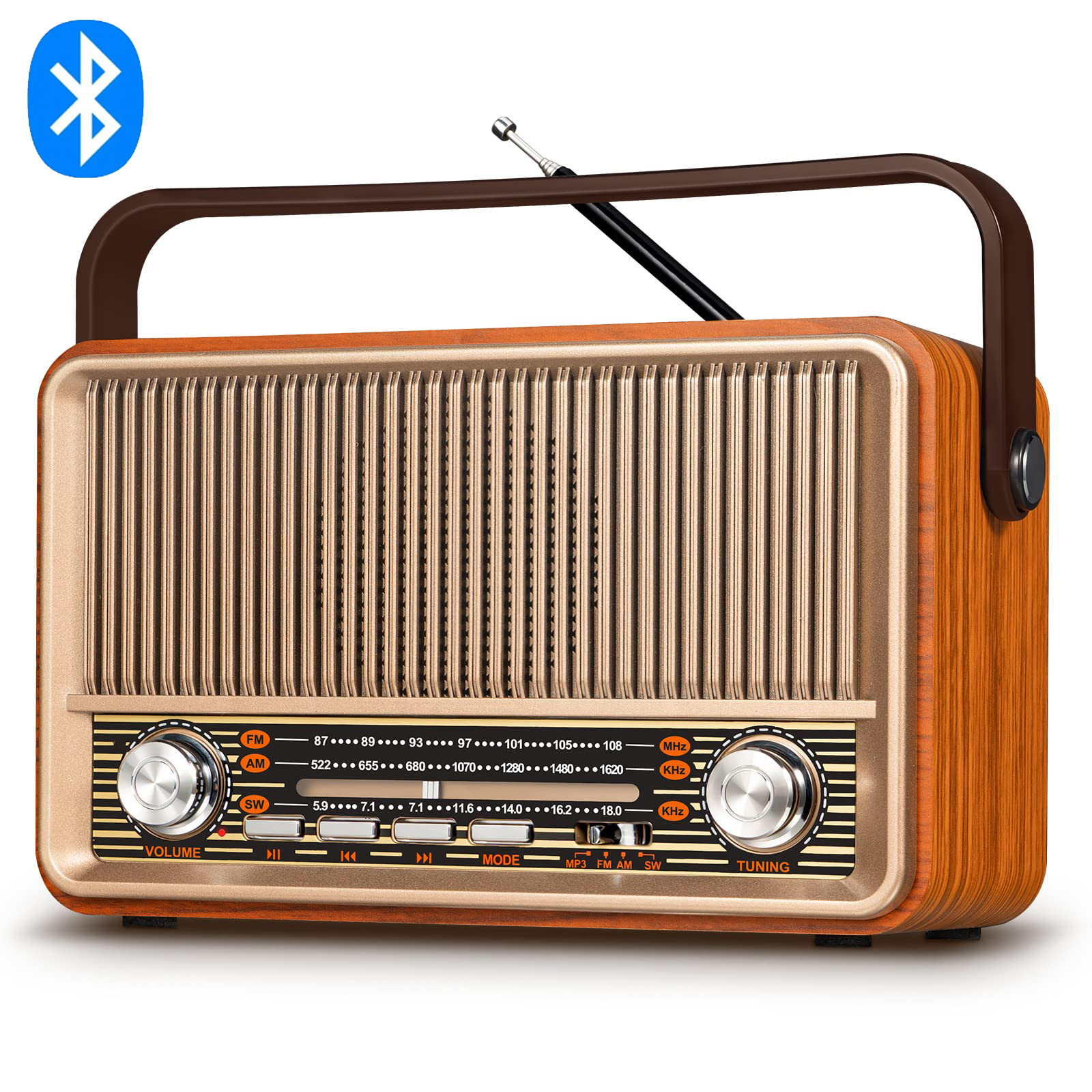 ポータブル木製レトロ Bluetooth ラジオ FM / AM / SW 充電式ラジオ