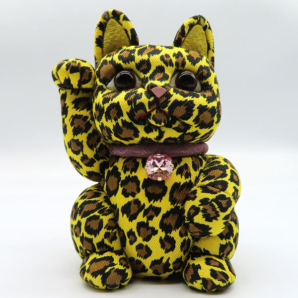 木目込み人形 招き猫 アニマルヒョウ柄 黄 大 lucky cat