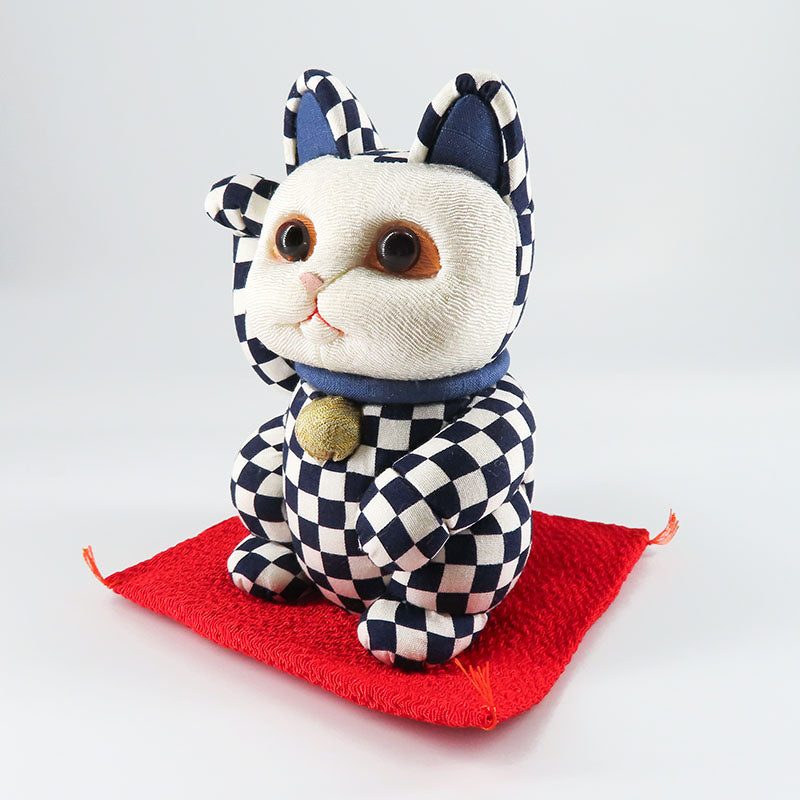 木目込み人形 招き猫 市松 中 青 lucky cat