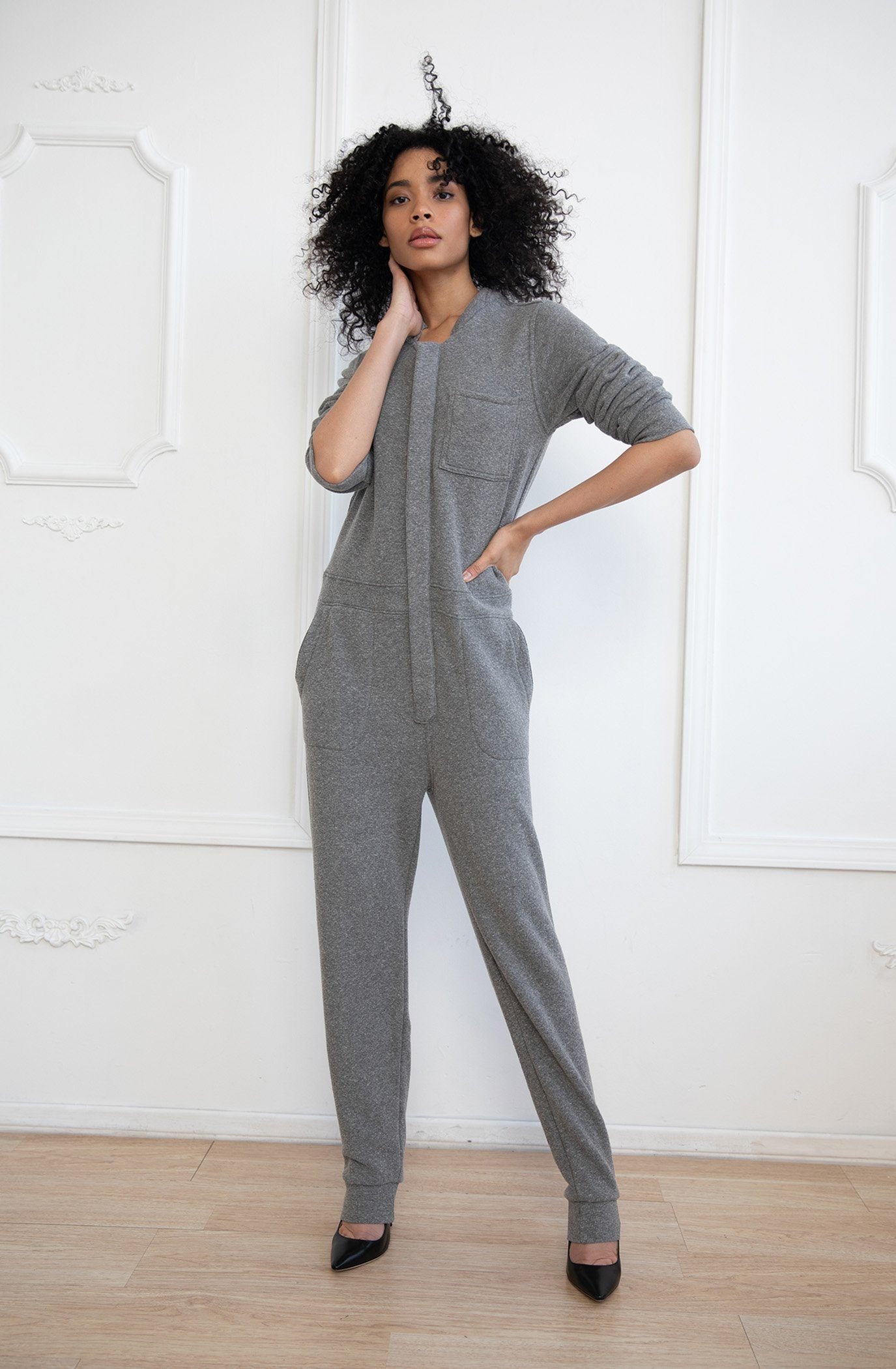 Womens Heather Grey Casual Loose Fit Cotton Fleece Coveralls| AMVI