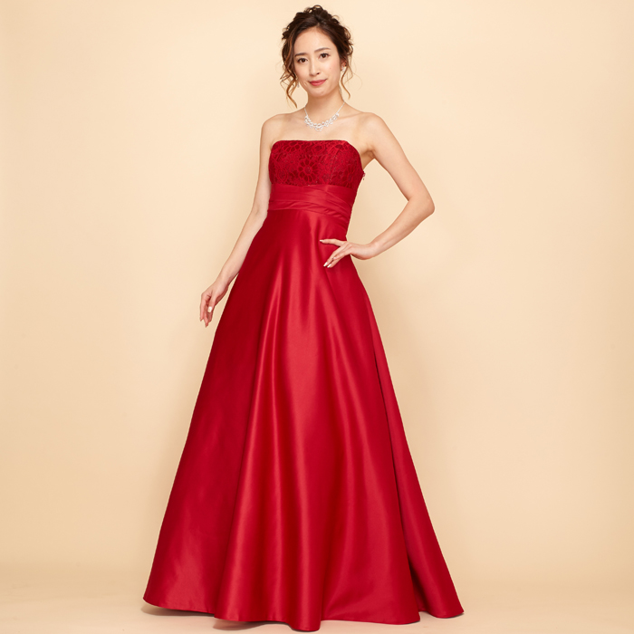 レッド上質サテンラメフラワーレースロングドレス