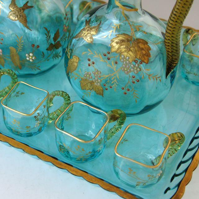 オールドバカラ「ジャポニズム 金彩装飾 青色ガラス リキュールセット