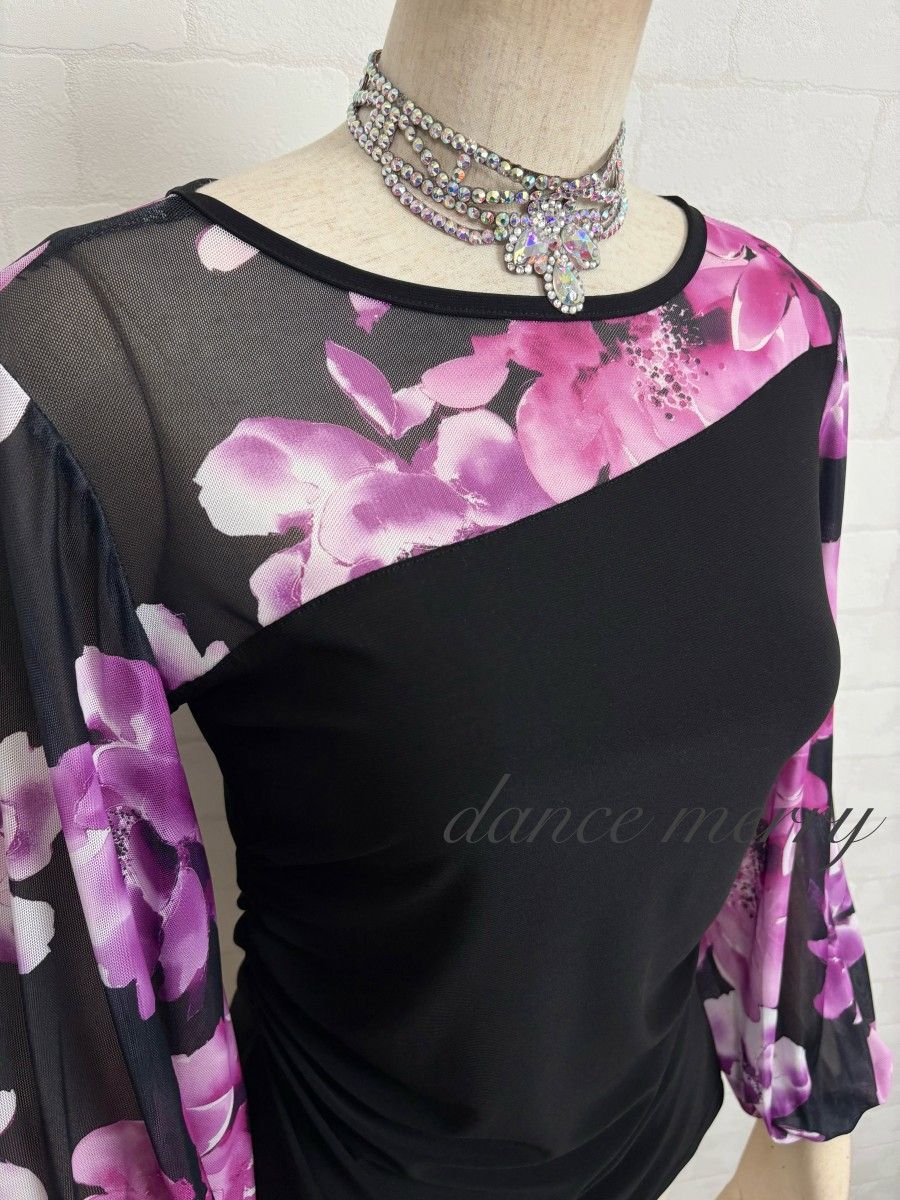 新品 社交ダンス 黒 紫 長袖 バルーン袖 トップス レッスン パーティ