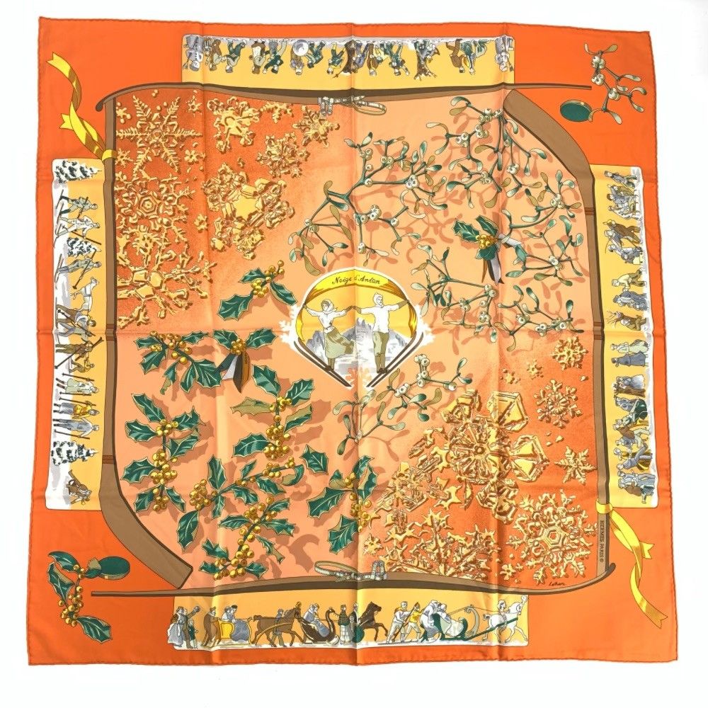 美品 HERMES エルメス カレ90 Neige d'Antan 去年の雪 オレンジ