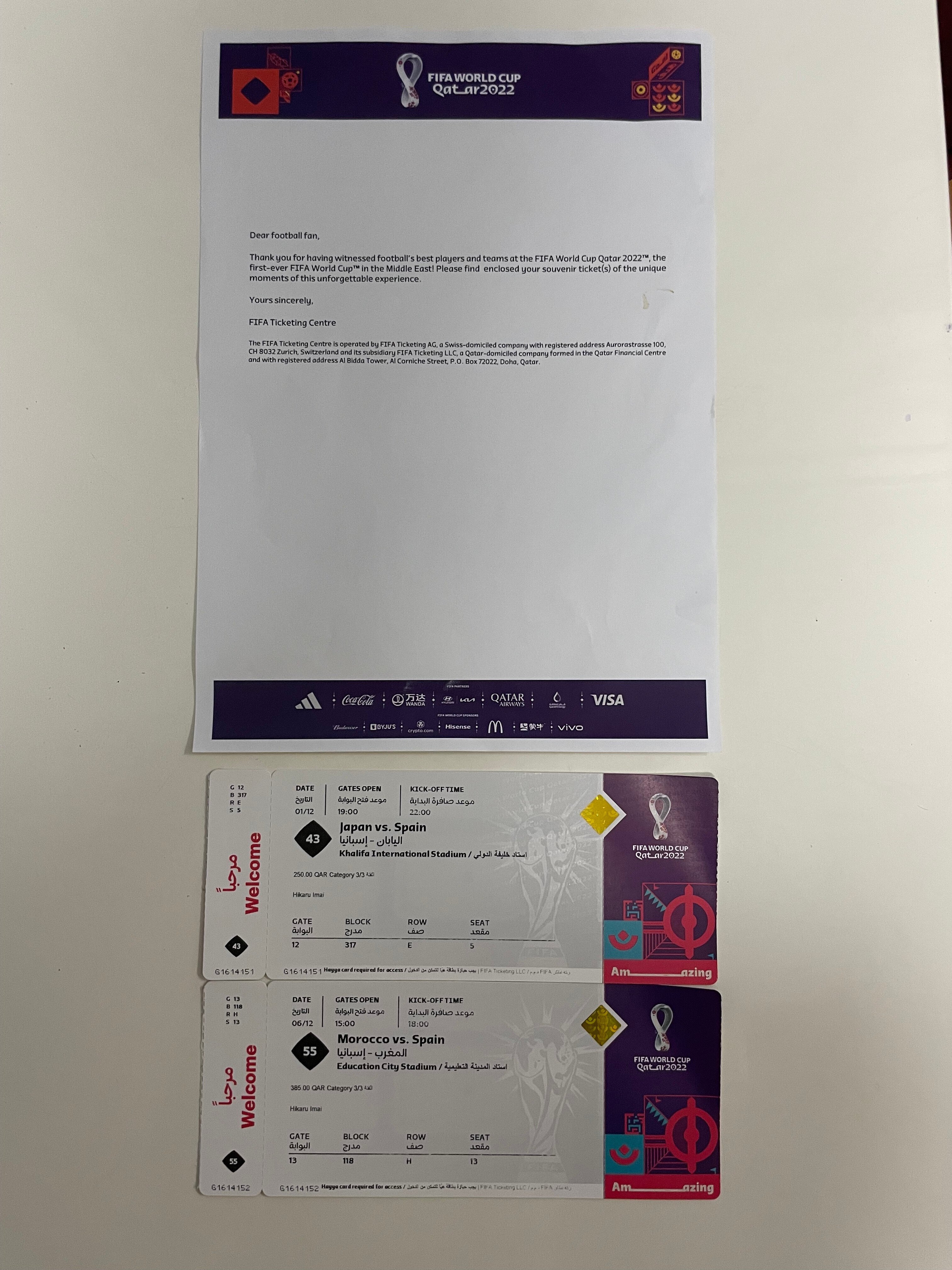 2022年カタールワールドカップの記念チケットが届いた。｜Traveller