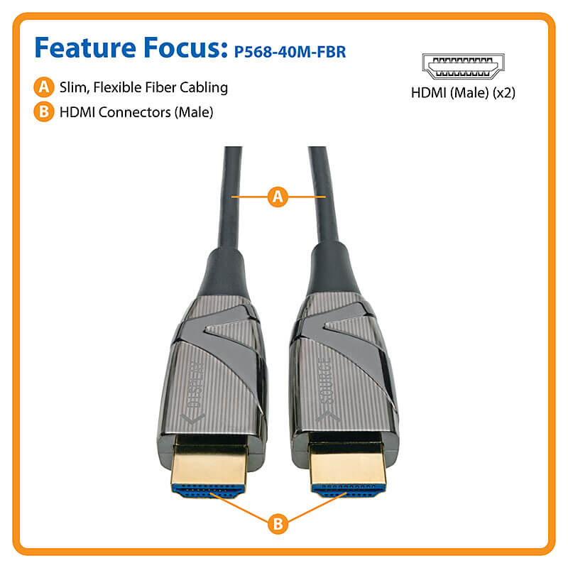 4K HDMI Fiber Active Optical Cable, AOC, 4Kx2K, M/M, 40m | Eaton