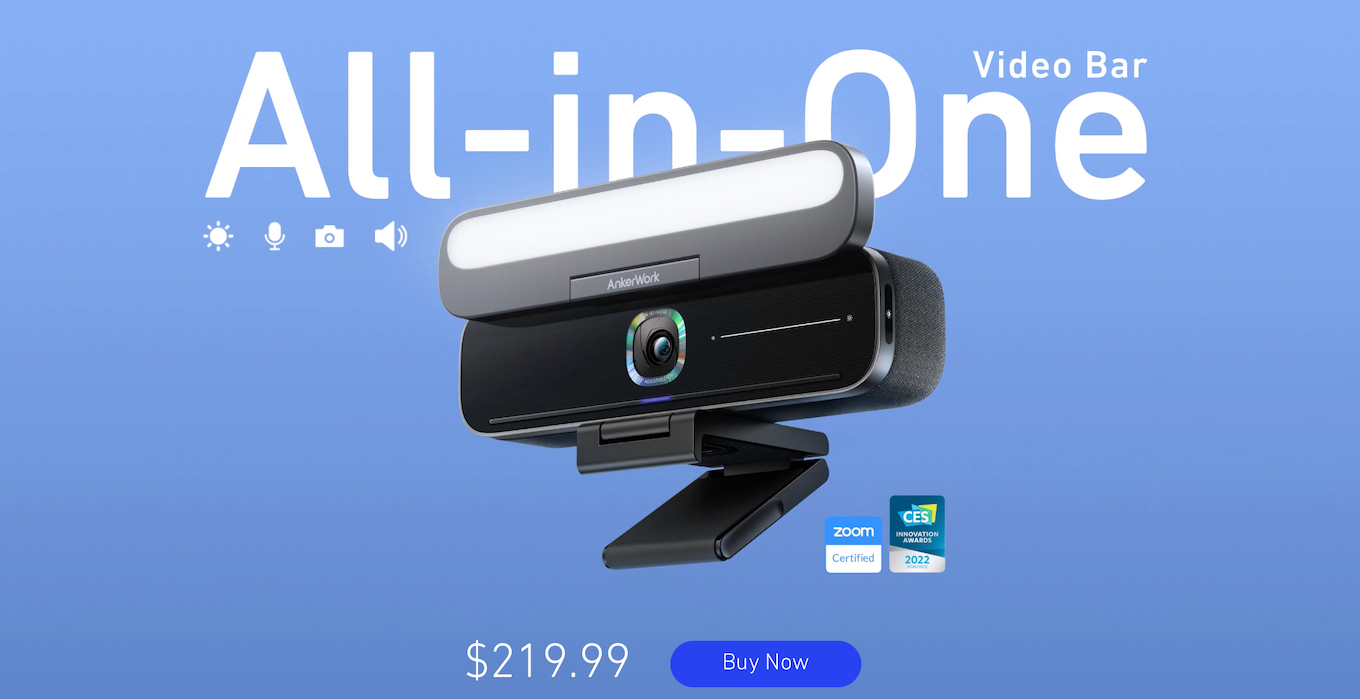 米Anker、カメラとマイクに加え、LEDライトやスピーカーも搭載したAll