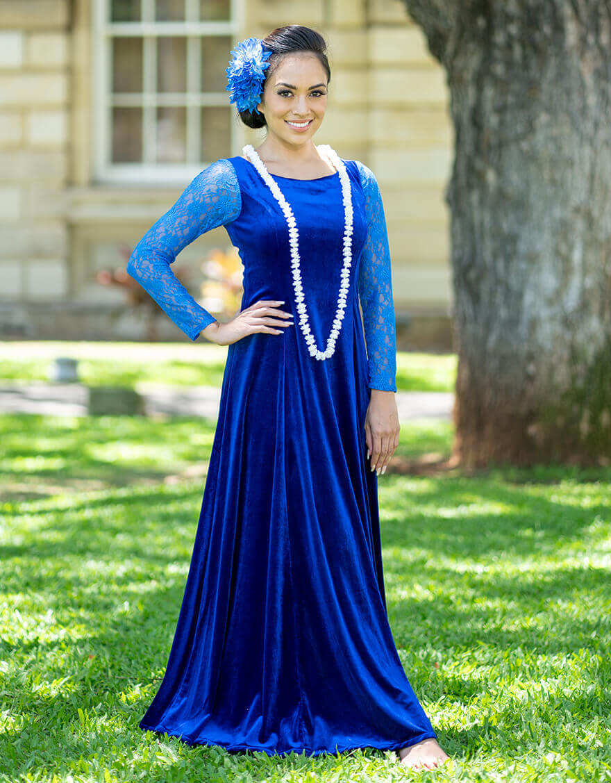 レースロングスリーブベロアドレス（ロイヤルブルー） – 【公式