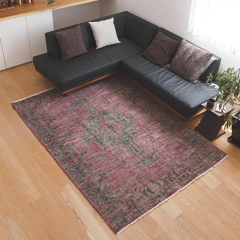 ヴィンテージ風ラグ ウール100％のパープルラグ[DP04オールドローズ