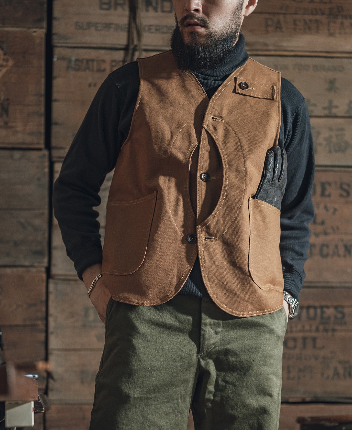 1930s Game Pocket Hunting Vest - Khaki | Fishing Waistcoat