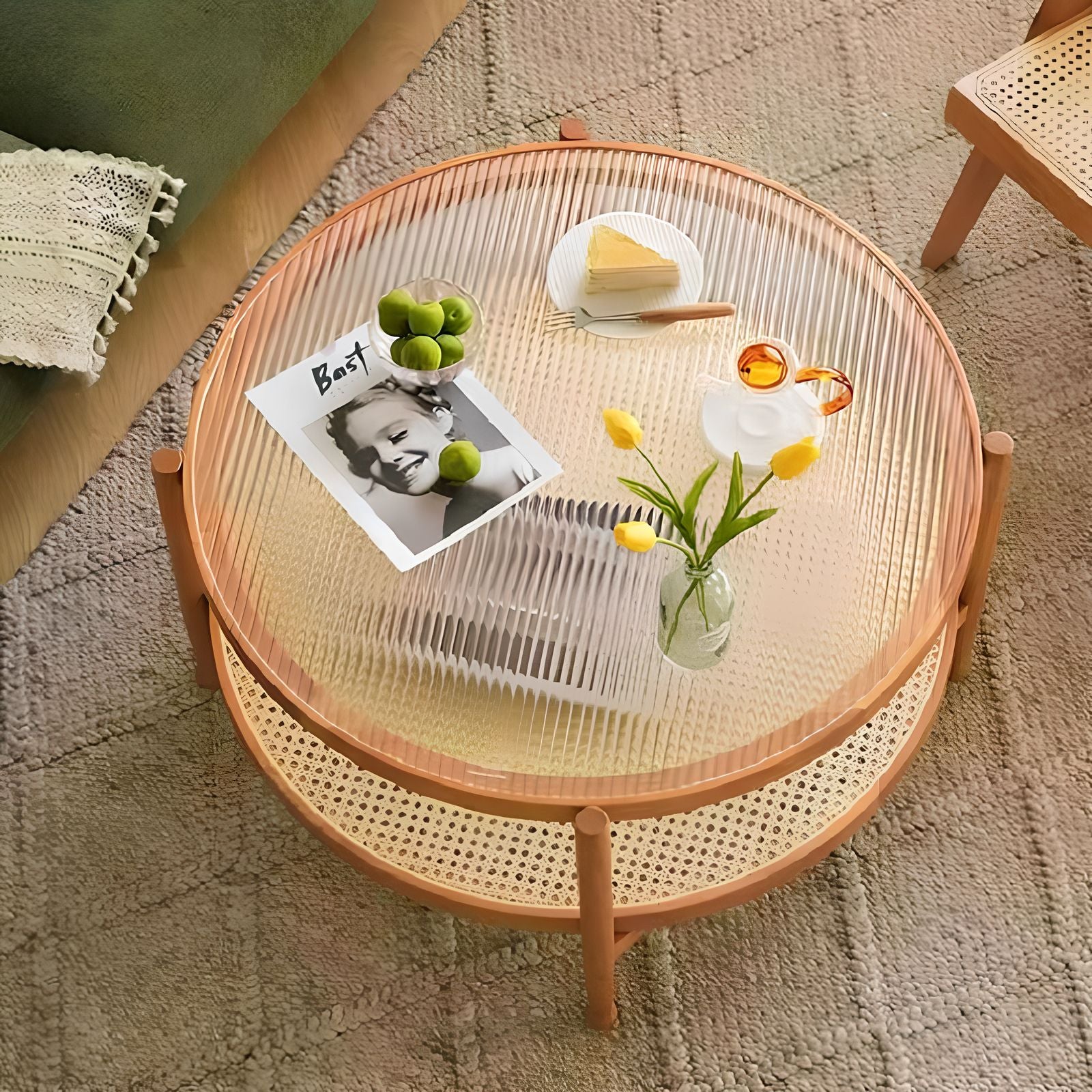 ローテーブル ガラス テーブル 木製 センターテーブル 円形 直径80cm