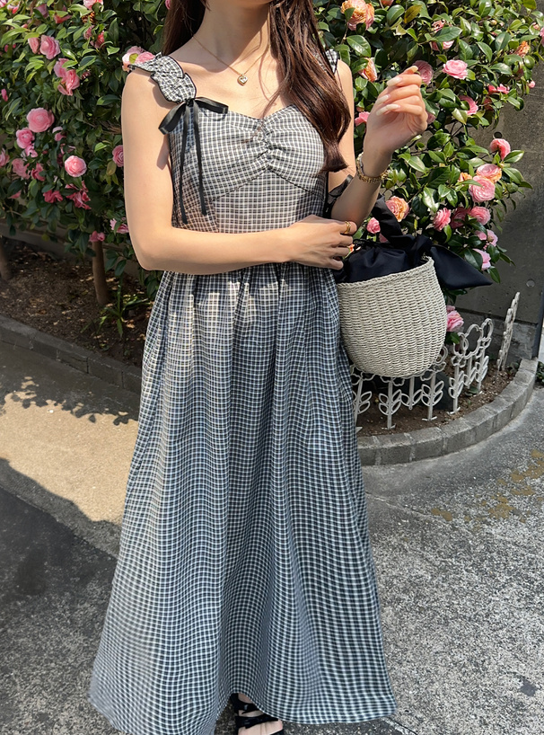 リボンギャザーチェック柄ワンピース[tg801] | レディースファッション