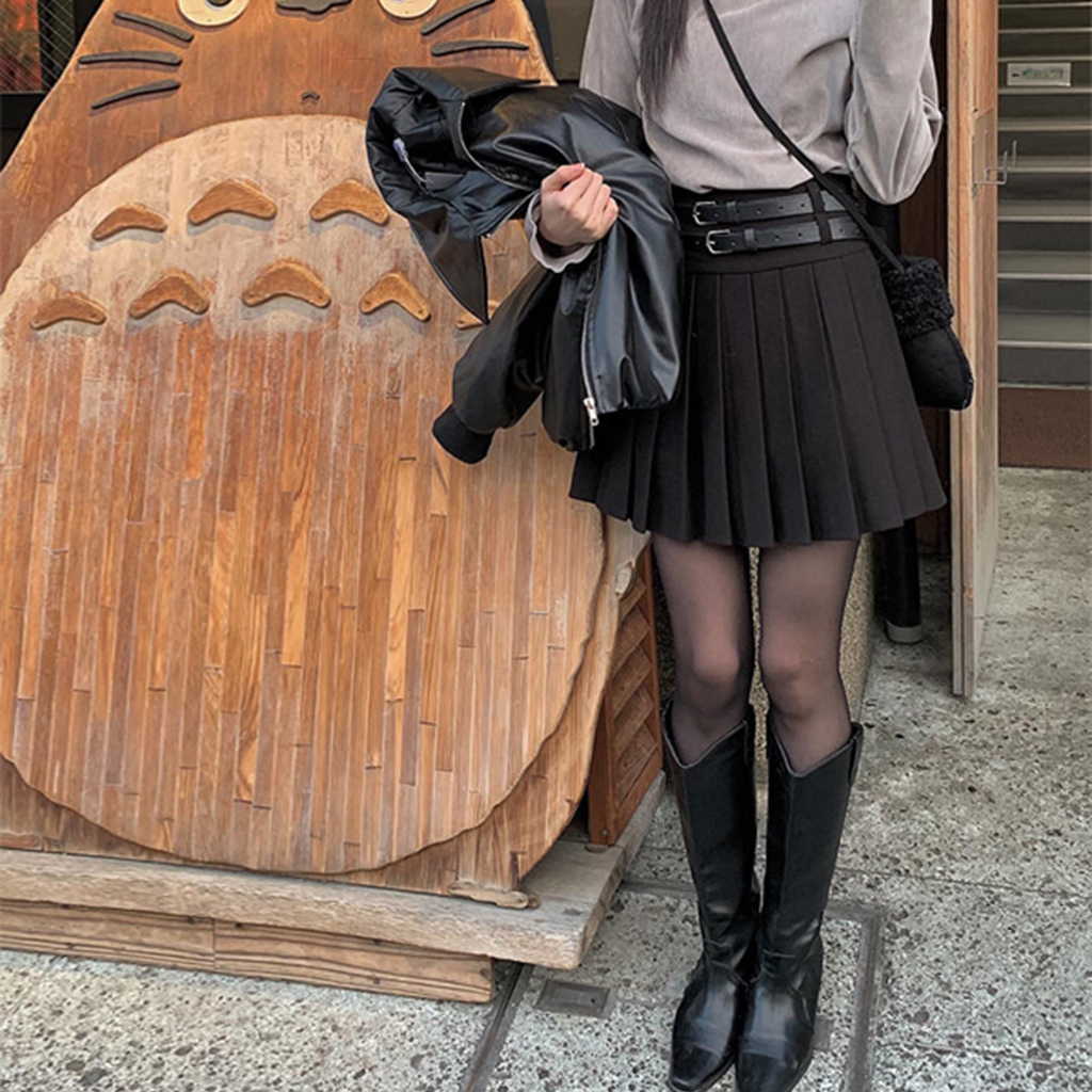 ダブルベルト付きウール調プリーツミニスカート(2color