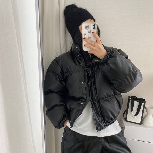 ブラック レザー ストリート ショート ダウンジャケット