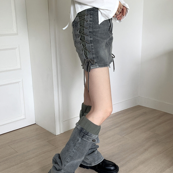 レッグウォーマーセット] ストラップデニムニーソックス+ミニスカート