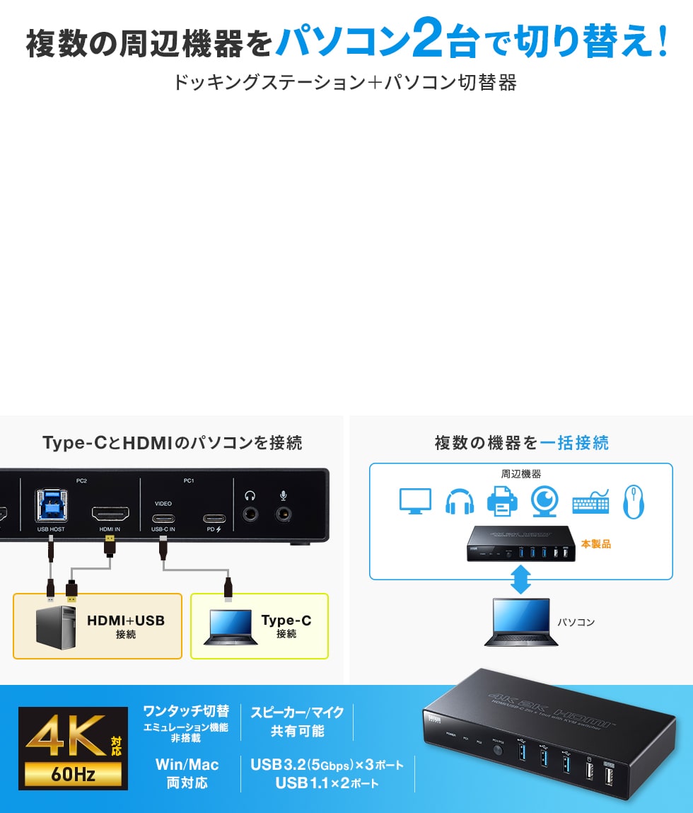 SW-KVM2DK【Type-C接続・HDMI接続対応パソコン切替器