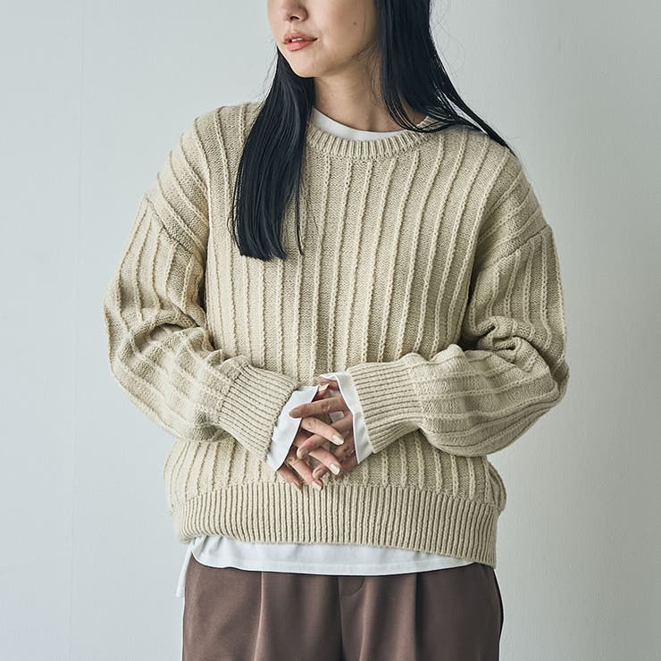 毛玉抑制/帯電防止】チェーンストライプクルーネックニット[品番