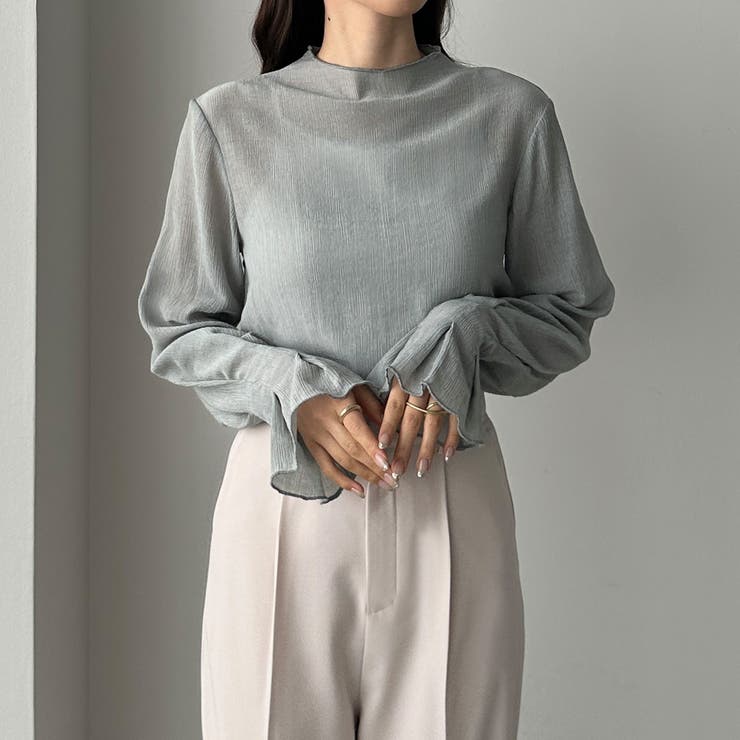 Louere フレアスリーブハイネックシアートップス[品番：AMTW0005636