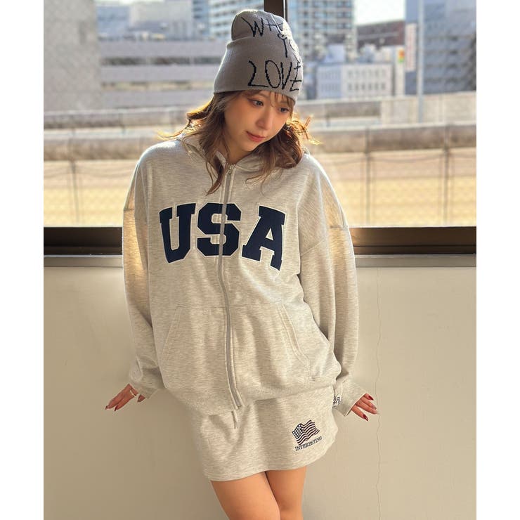 USAロゴ×星条旗袖刺繍》裏毛ZIPパーカー／秋冬春 セットアップ可