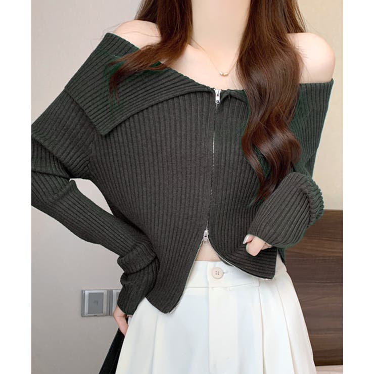 オフショルダブルジップリブニット リブ編み セーター[品番