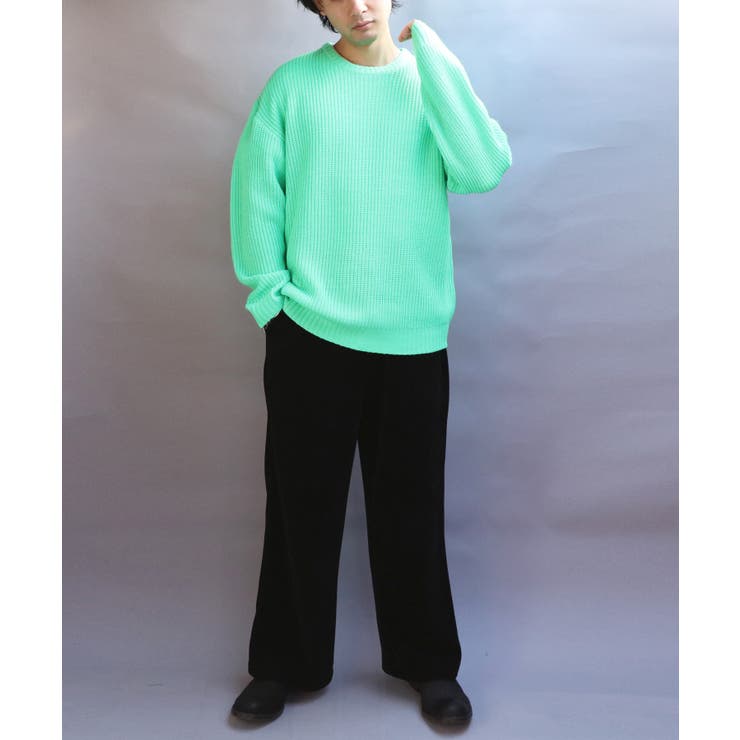 ニットセーター メンズ セーター クルーネック 畦編み 蛍光 [品番